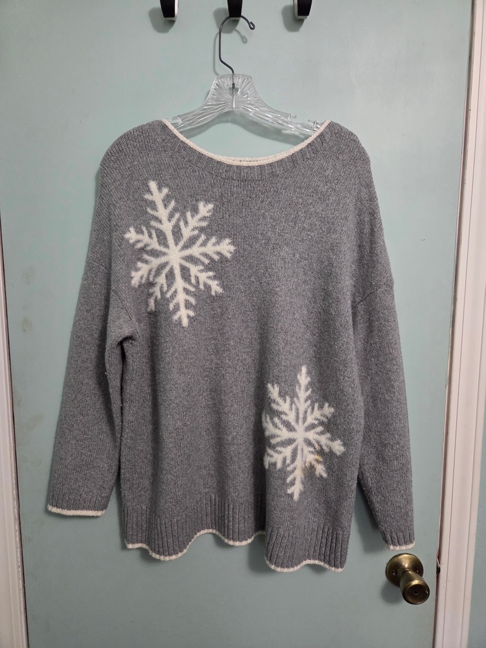 J. Jill Gray Crewneck Sweater with White Snowflake Motifs